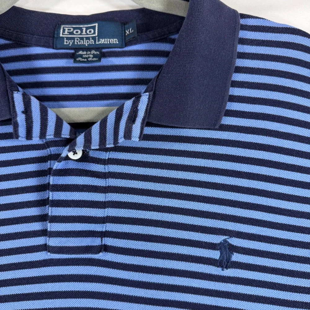 Polo Ralph Lauren Mens XL 100% Pima Cotton Striped Polo Blue Navy Short Sleeve